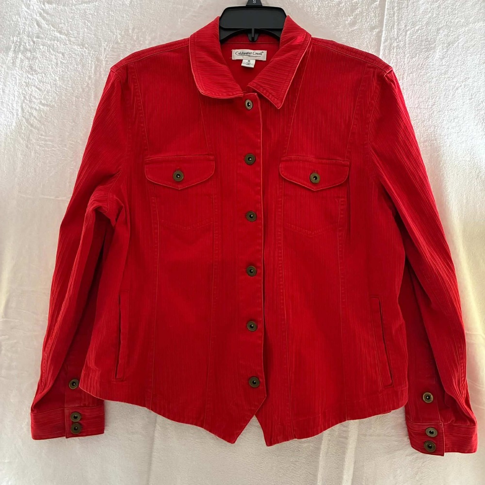 Coldwater Creek Womens 16 Red Cotton Stretch Jacket Button Front Textured Fitted
